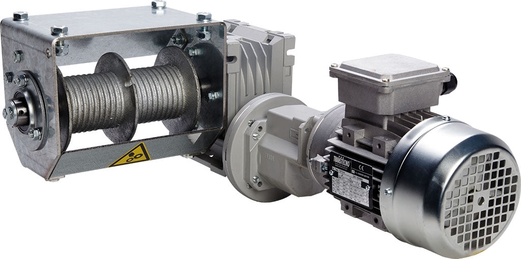 A single line power winch and drum with a three-phase motor, used for equipment suspension and winching.