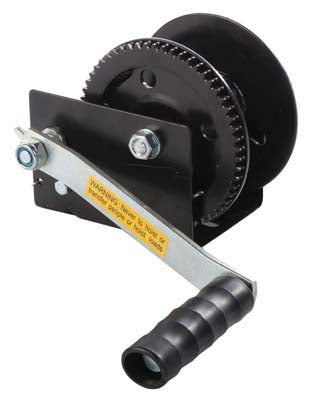 A black ratchet hand winch with a metal handle and gear mechanism.