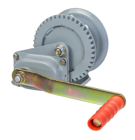 Braked hand winch for lifting poultry drinkers