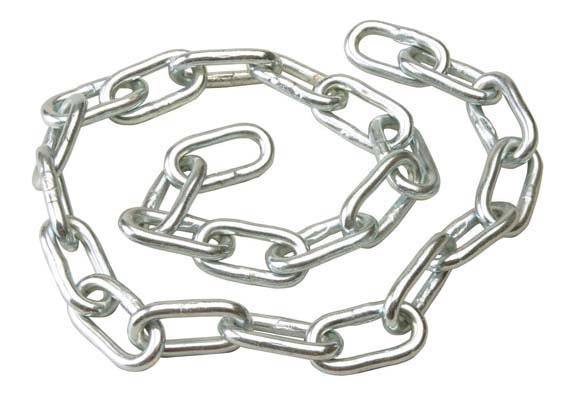 A reel of zinc plated welded chain with a link internal diameter of 19mm and 2.5mm thickness