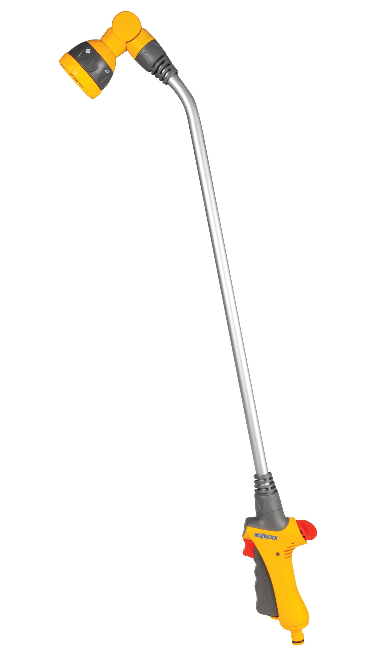 A yellow and gray Hozelock Lance Spray Plus with a long reach handle and an adjustable spray head.