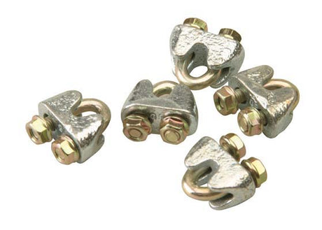 Wire rope grips with U-bolt and saddle, secured by two nuts.