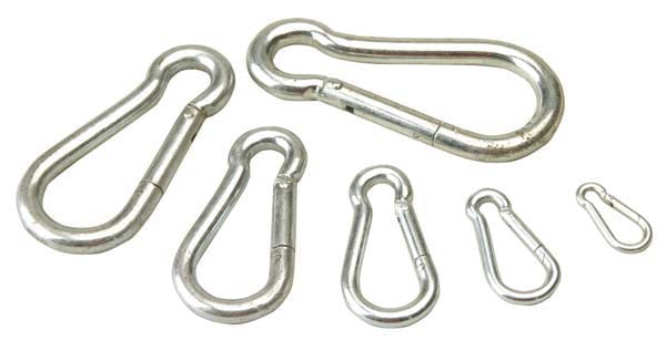 A set of plated carbine hooks of various sizes.