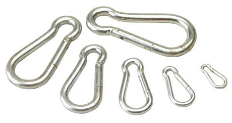 A set of plated carbine hooks of various sizes