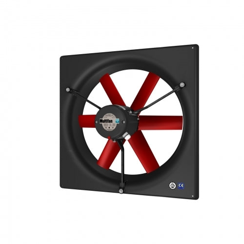 A 560mm diameter Multifan panel fan with red blades and a black body, designed for ventilation applications.