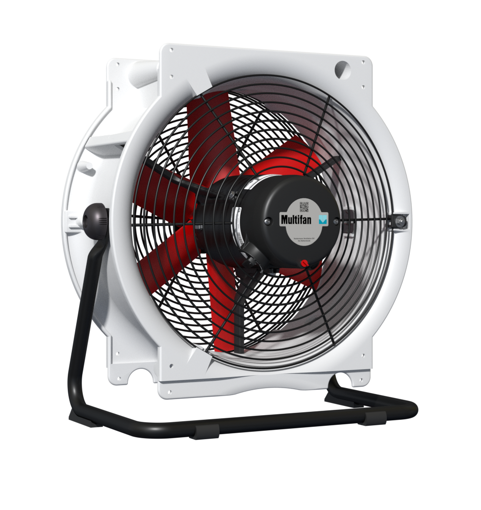 A Vostermans multifan Mobile Recirculation Fan with red blades a white surround and protective guards.