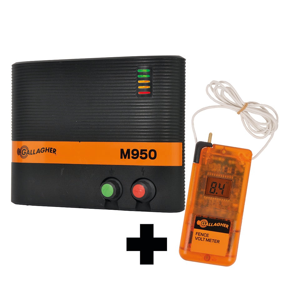 The image shows a Gallagher M950 mains electric fence energiser in black with orange detailing, accompanied by a digital volt meter in orange and white.