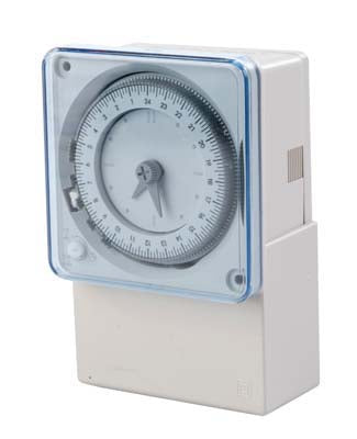 An analog timeclock with a clear, transparent cover, dial, and a white plastic housing, designed for panel mounting or surface mounting.