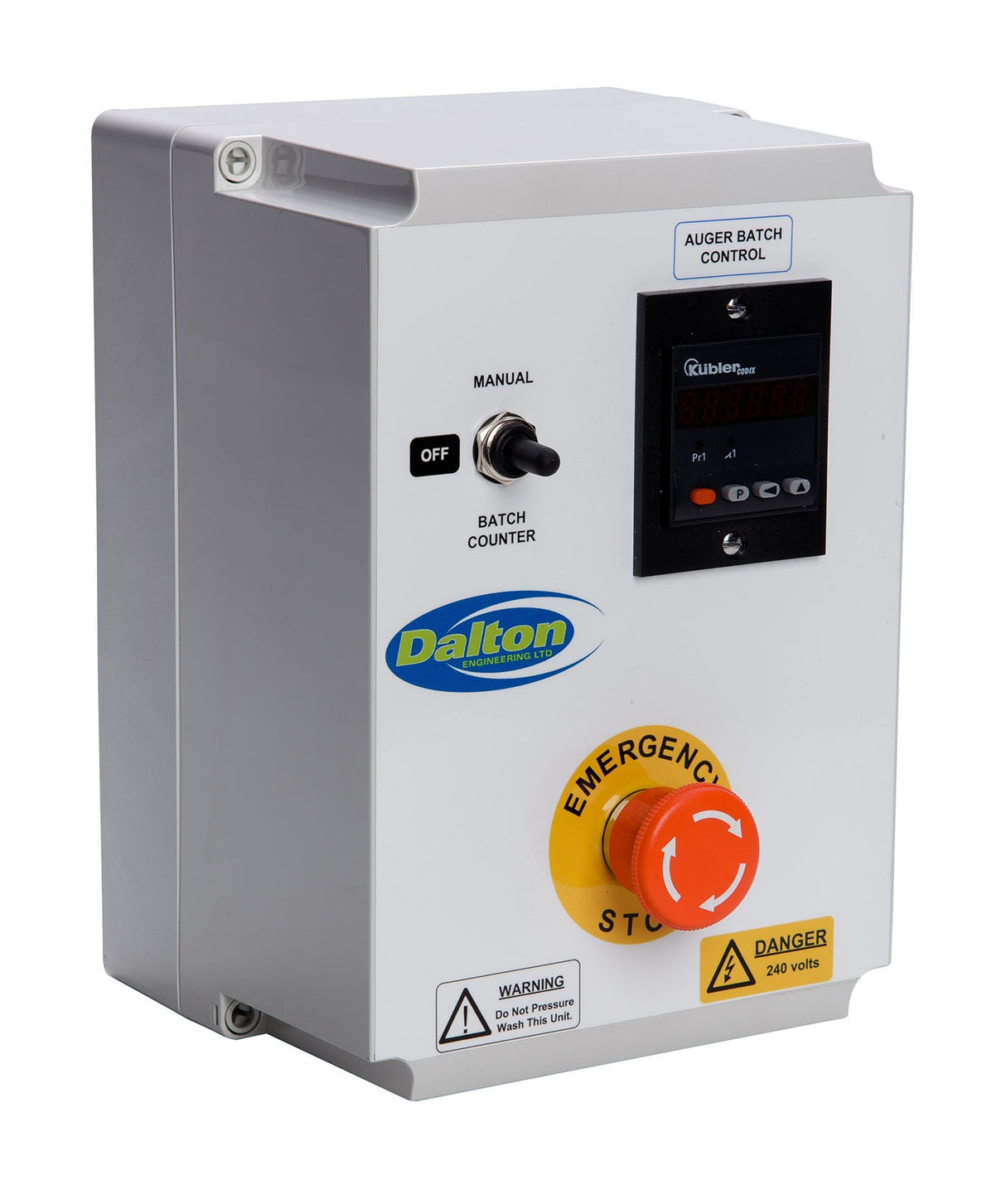 A control panel with a digital display, buttons, and an emergency stop button, designed for batch control in feeding systems.