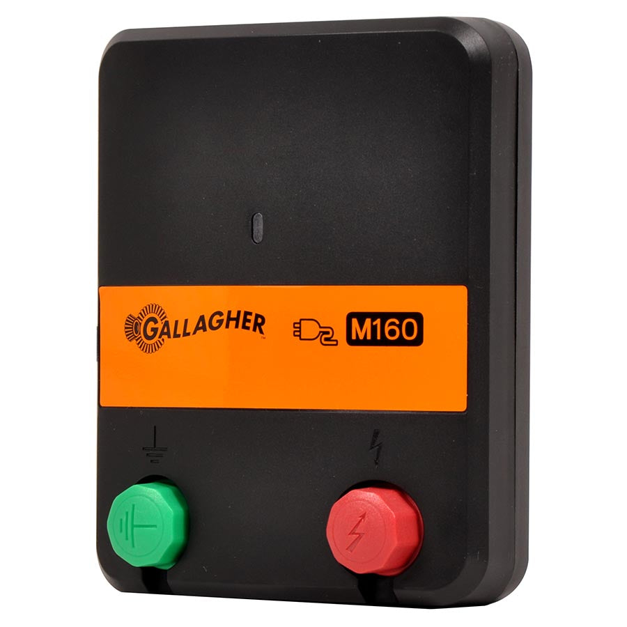 Gallagher M160 mains electric fence energiser with a black casing, an orange label, and two buttons, green and red, on the front panel.