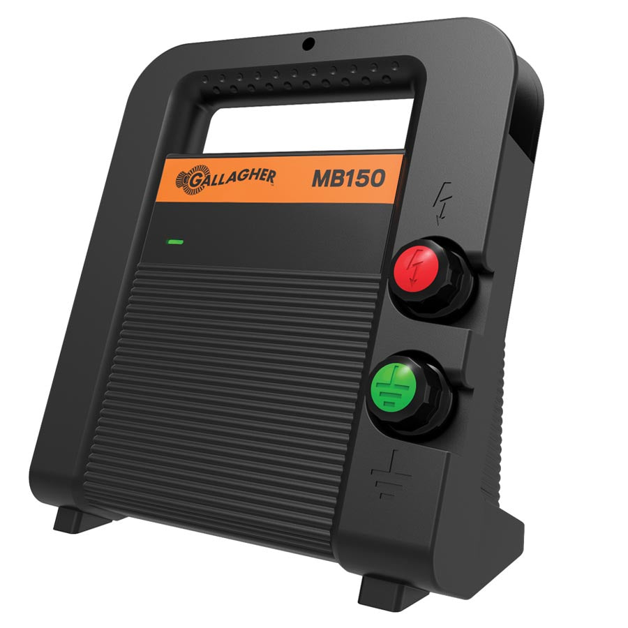 A black Gallagher MB150 fence energiser with a red on/off switch, green indicator light, and a serial number sticker on the bottom.