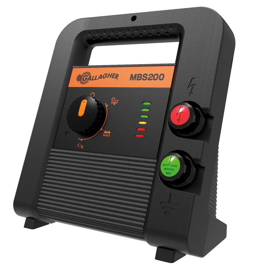 Gallager MBS200 fence energizer with control knob and indicator lights