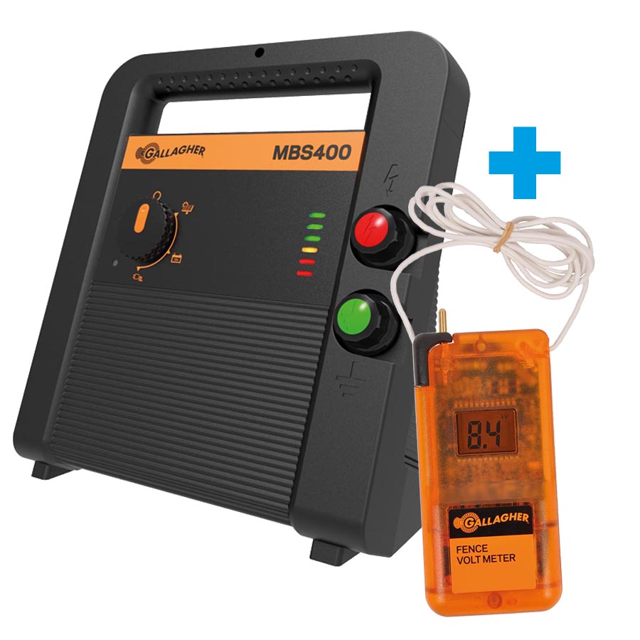 Gallagher MBS400 fence energiser with control panel and indicator lights, alongside a Voltmeter,