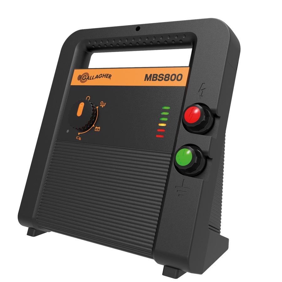 Gallagher MBS800 fence energiser with a black casing, brand name visible, with a dial and red and green buttons on the front.