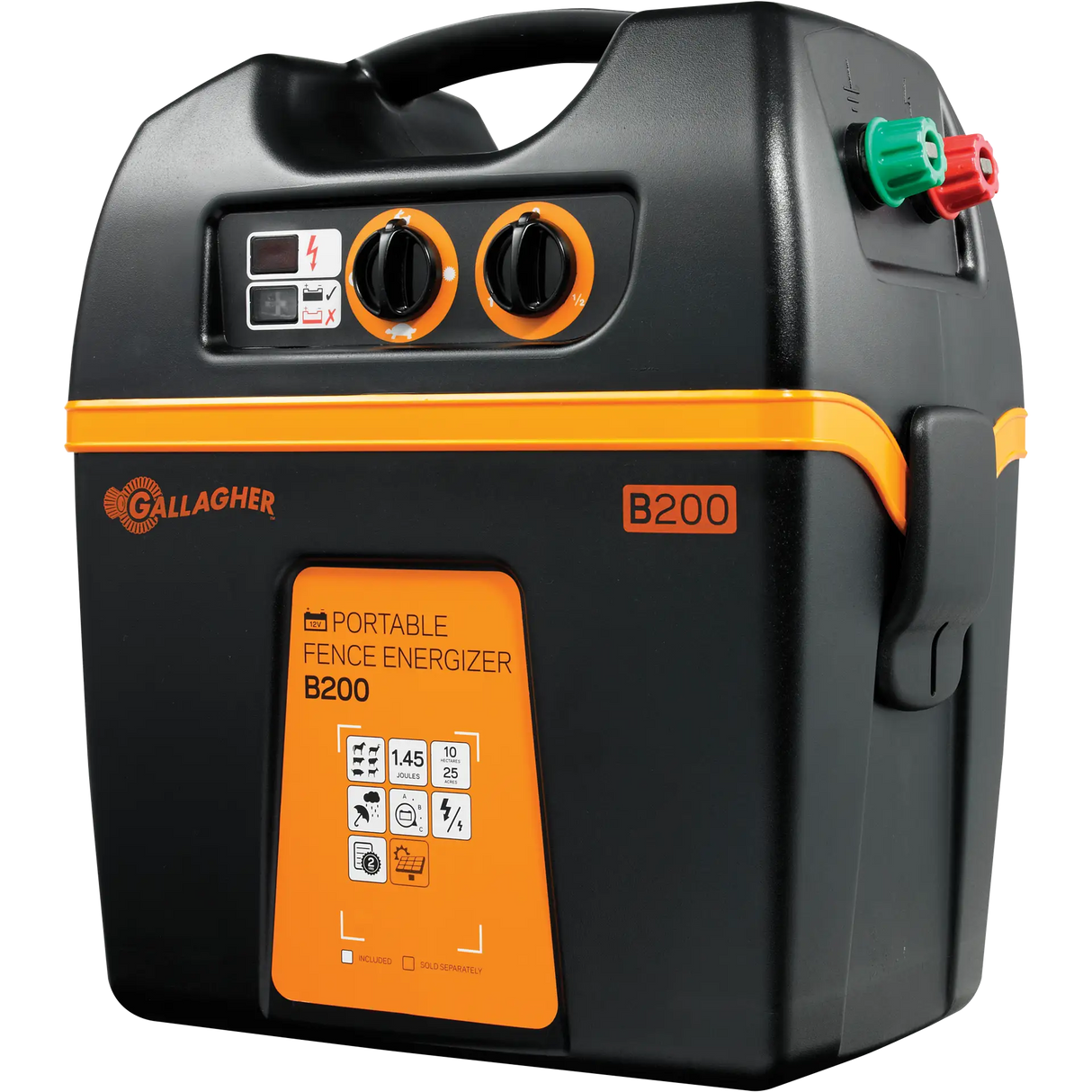 Gallagher B200 portable battery fence energizer with black and orange casing, featuring control buttons and indicator lights on the front panel.