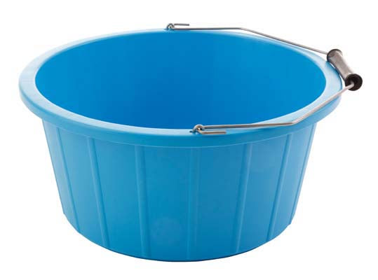 A blue plastic foot dip bucket with metal handles.
