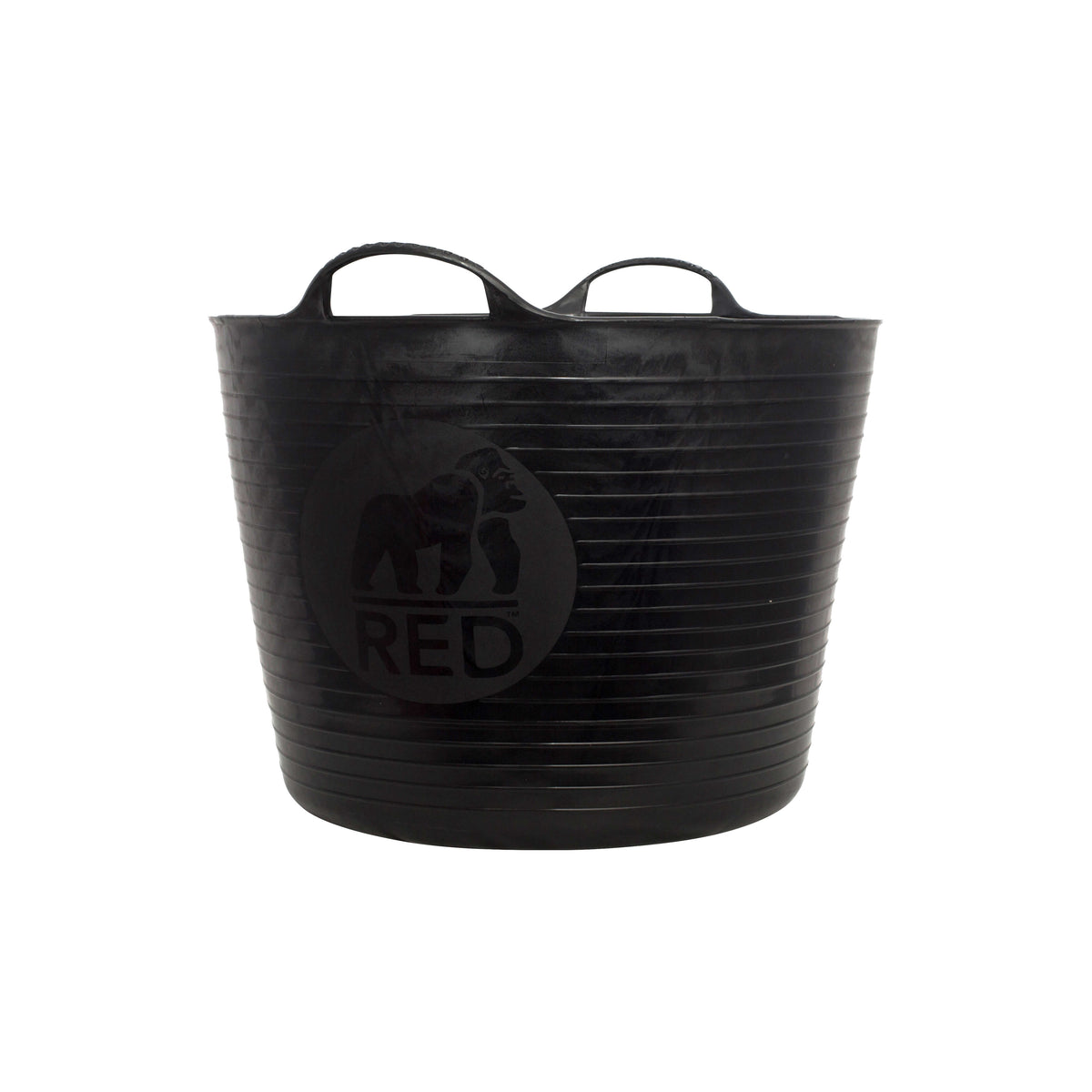 A black flexible bucket with two handles, displaying the logo of Gorilla Tub.