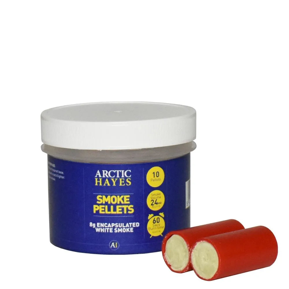 A pack of red smoke pellets next to their container with the label 'ARCTIC HAYES SMOK Pellets' on it.