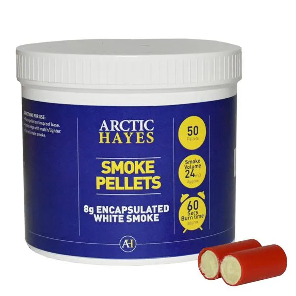 A blue container labeled 'ARCTIC HAYES SMOKE PELLETS' with red pellets visible in front.