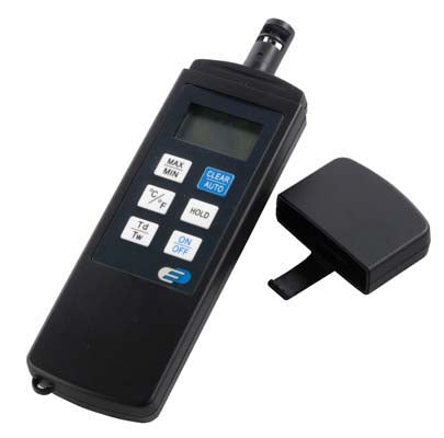 A digital thermo hygrometer with a black body and a digital display, alongside a protective cap.