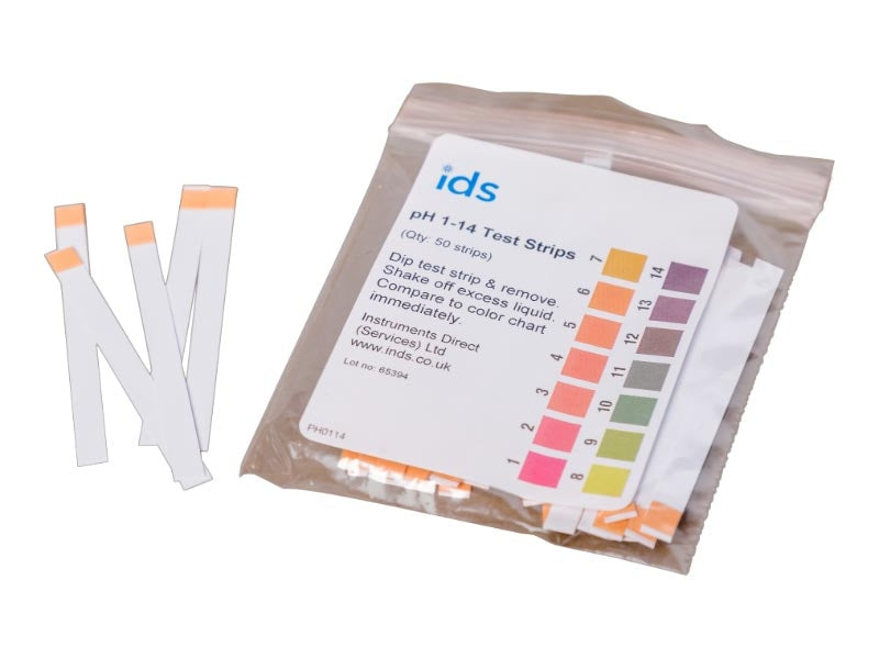 A pack of pH Test Strips with a color chart for pH level indicators visible through the packaging.