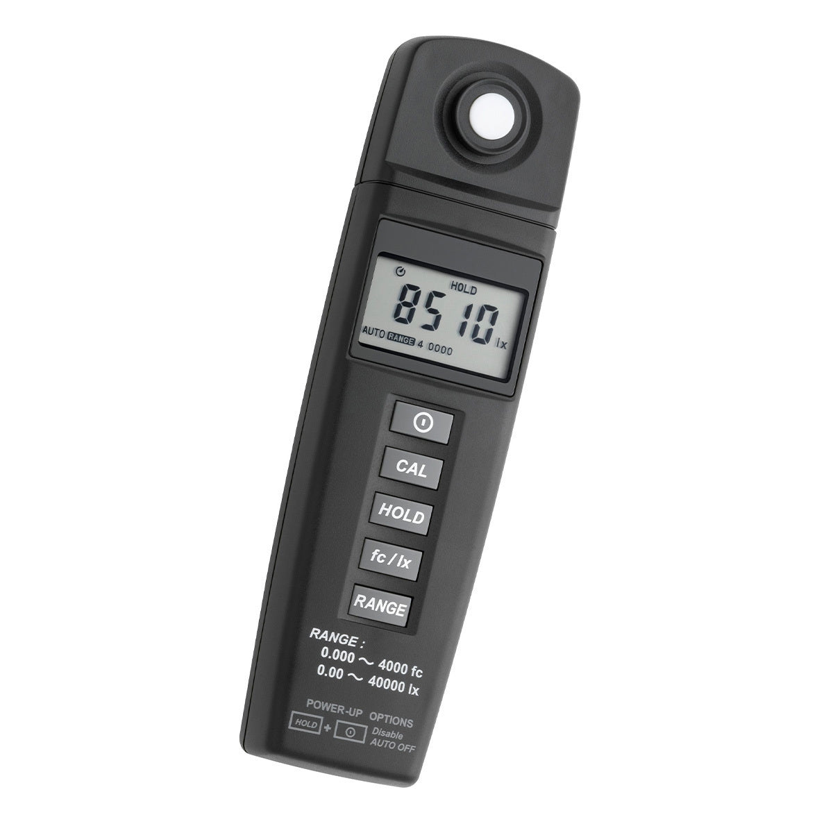 A digital light meter with a black body and an LCD screen, featuring buttons for various settings such as 'CAL', 'HOLD', and 'RANGE'.