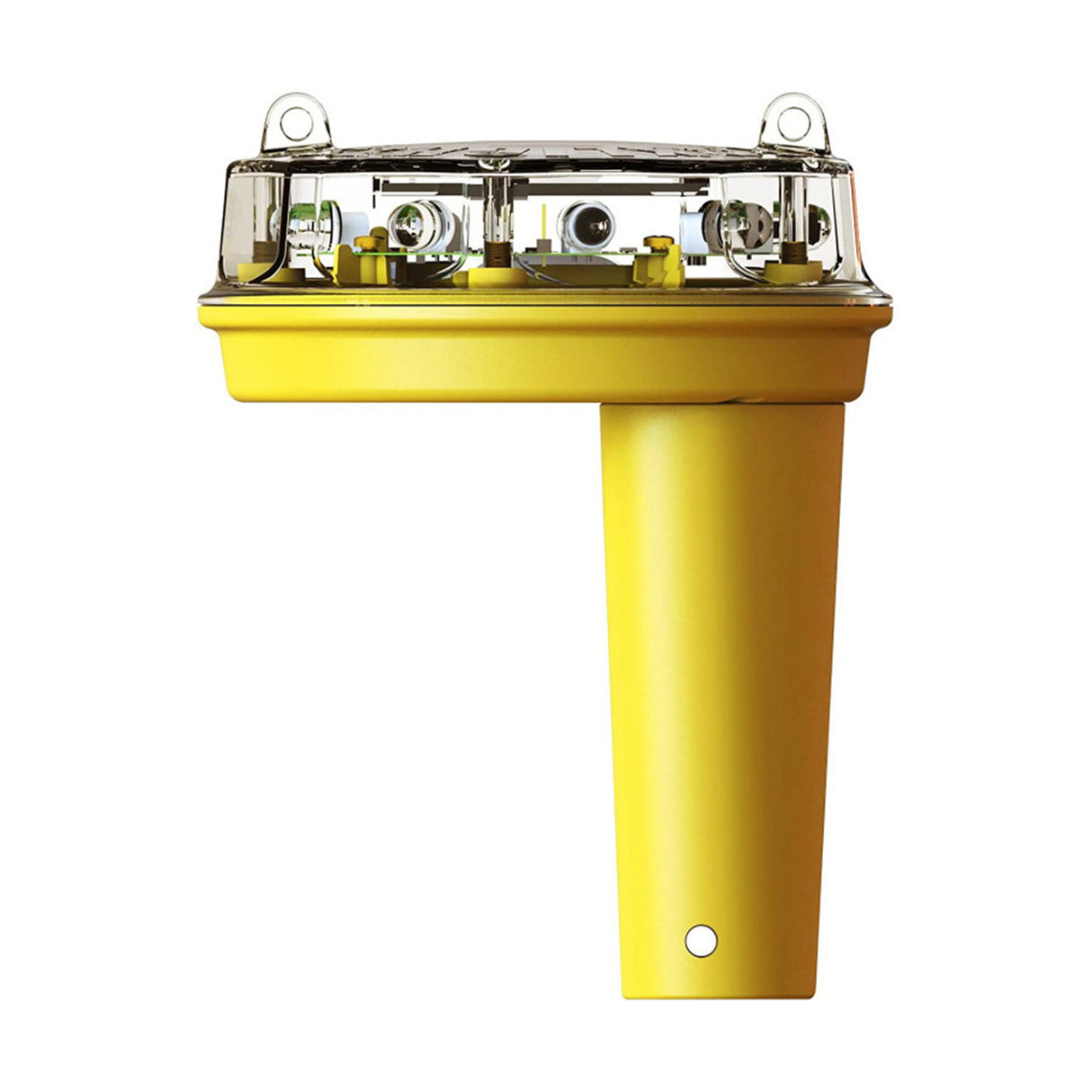 A yellow solar-powered fox light repeller with a pole, featuring a lamp with blue and red elements.