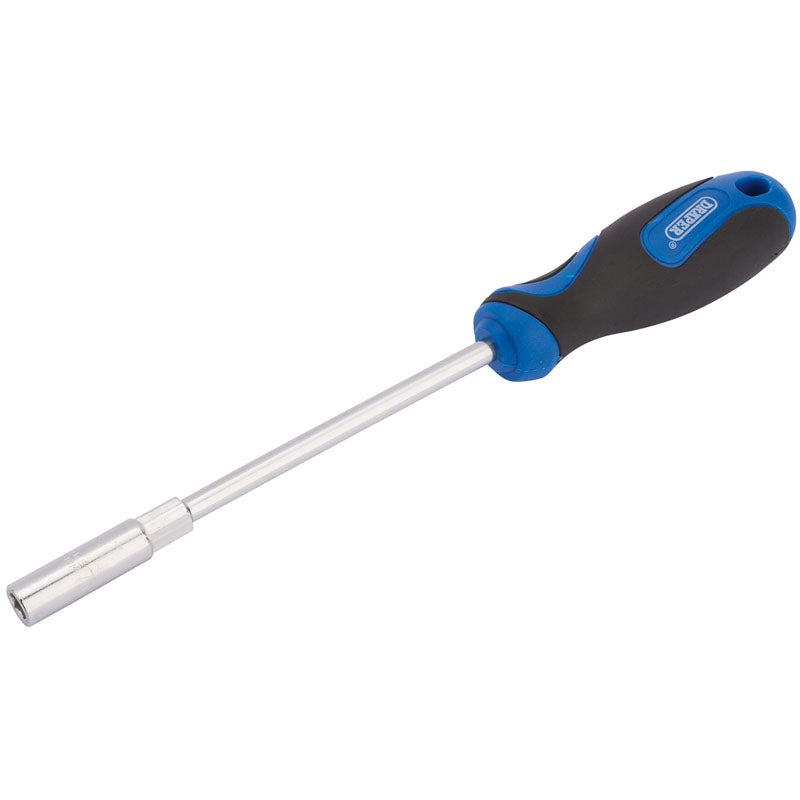 A chrome vanadium steel nut spinner with a satin chrome plated finish, featuring a blue and black soft grip handle with a moulded insert and a silver-colored blade.
