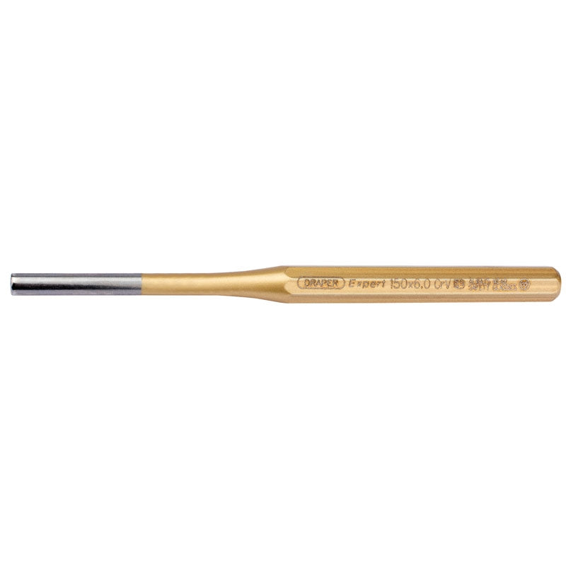 A gold-colored parallel pin punch with a octagonal shaft and a pointed tip, approximately 6mm in size.