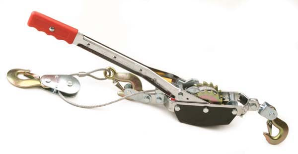 A 2 tonne hand power puller with double gear, featuring a red handle, silver body, and black and silver gears, with chains and hooks.