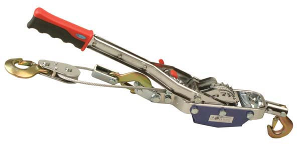 A 4 tonne hand power puller with double gear, featuring a metal body, red handles, and silver chains.