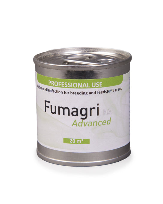 A can of Fumagri Advanced disinfectant, which can treat 20 cubic meters.