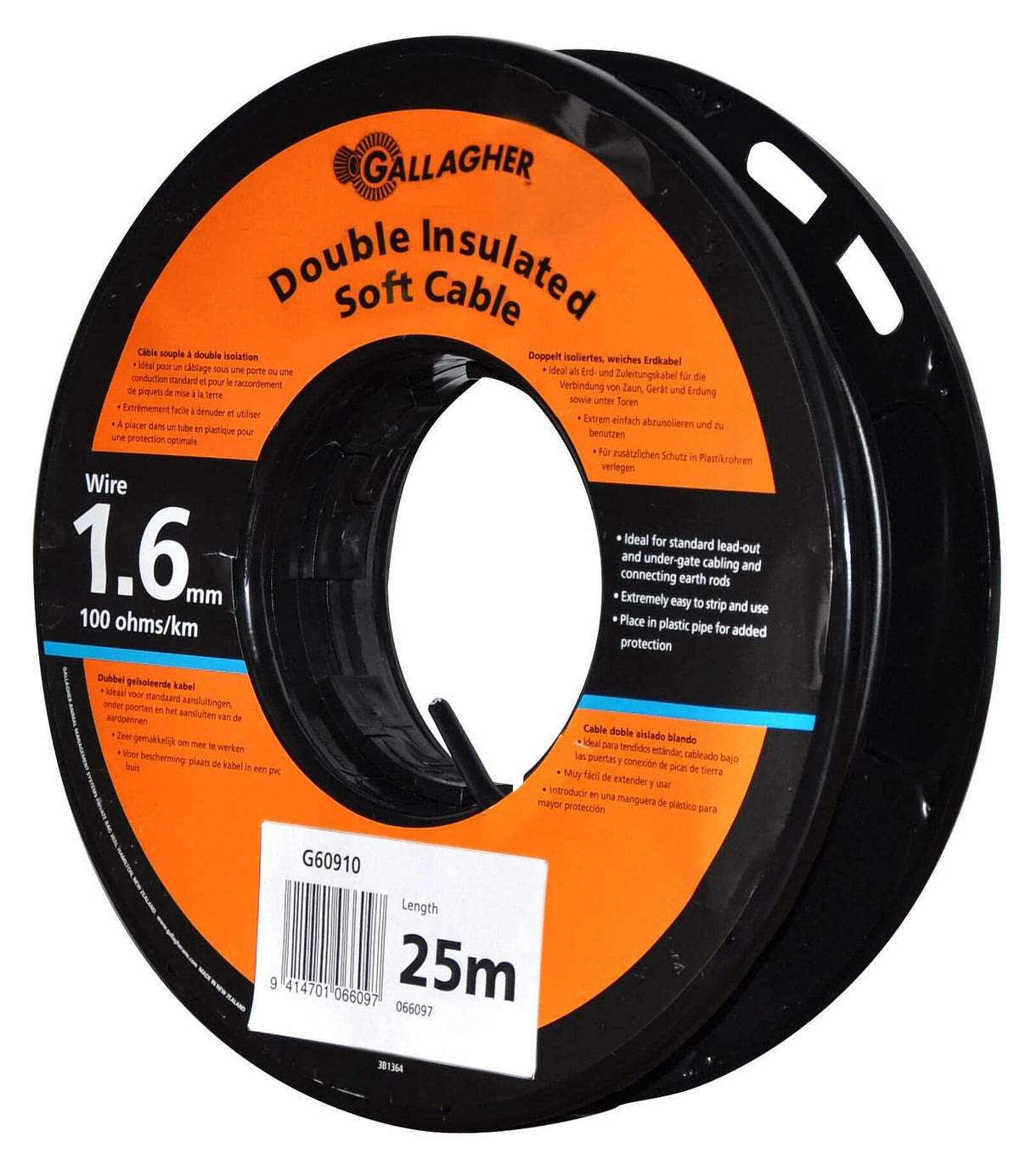 A spool of Gallagher double insulated soft cable, primarily black in color with orange and white labeling, designed for connecting energizers to fences and earth rods in electric fencing systems.