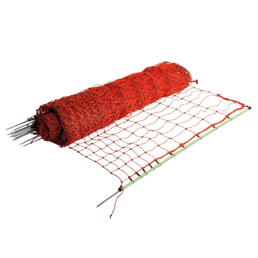 A roll of orange Gallagher poultry netting with single pin posts, unfurled to show mesh size and color.