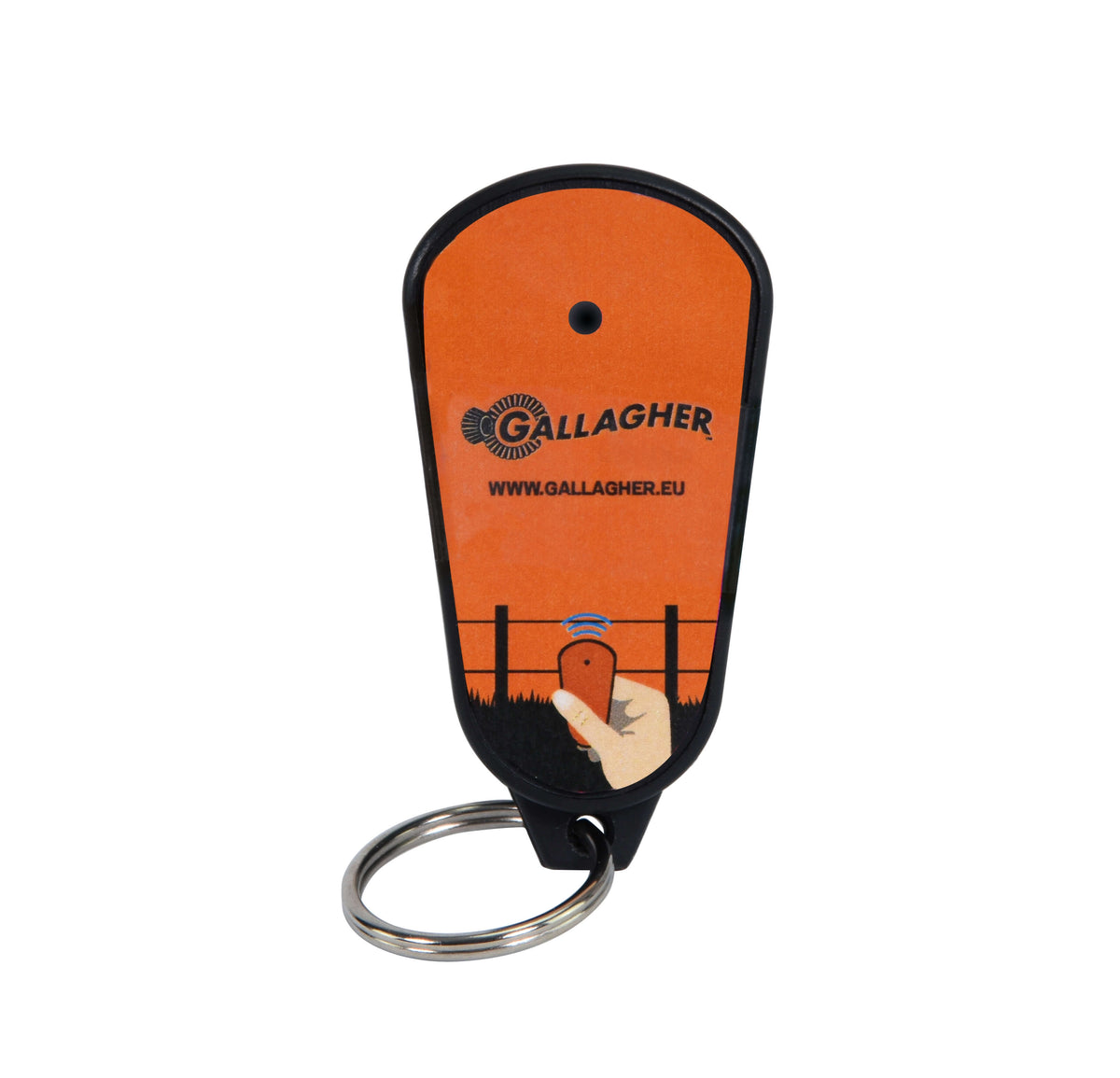 An orange and black Gallagher electric fence keyring beeper with a black strap and a metal keyring attachment.