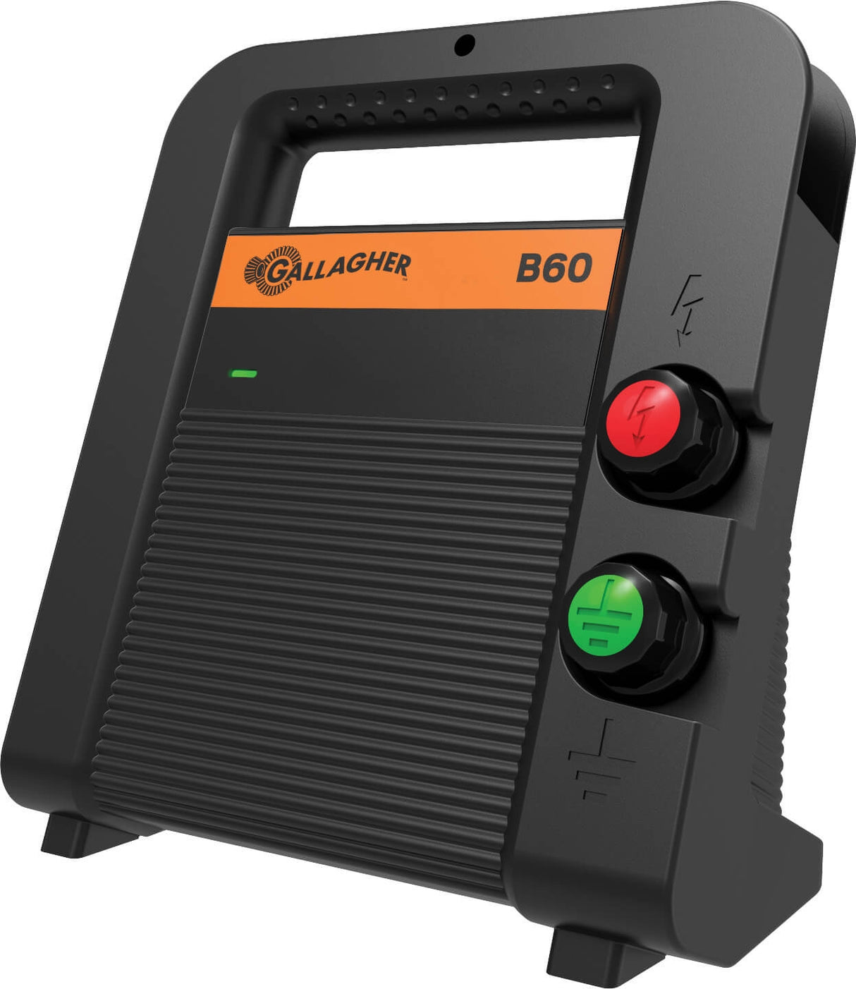 A black Gallagher B60 battery energizer for electric fencing with control buttons and indicator lights.