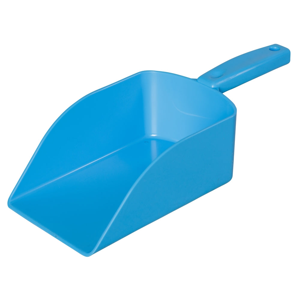 A blue plastic hand scoop used for gathering chicken feed.