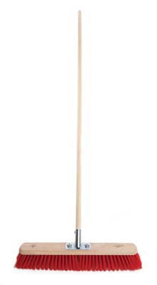 A 24 inch medium red PVC platform broom with a wooden handle and a galvanized metal socket with wing nuts and bolts.
