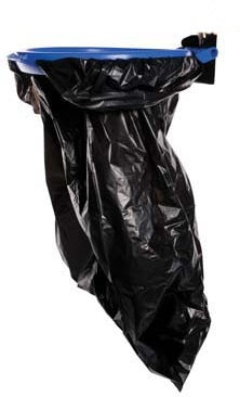 A black bin bag fitted over a blue hoop with an easy-grip handle.