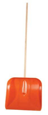 An orange snow shovel with a straight handle, featuring a polypropylene blade and a wooden pole.