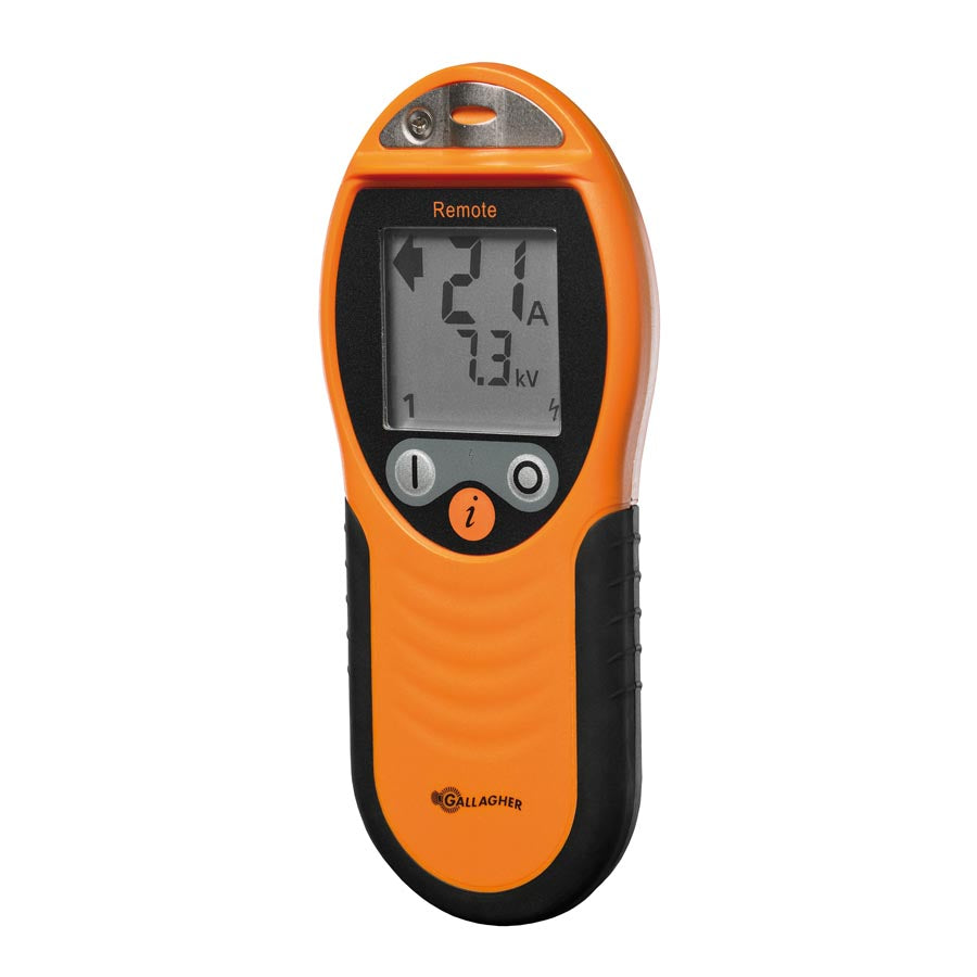 An orange remote control device with a digital screen, designed for measuring fence voltages and currents, and locating faults.