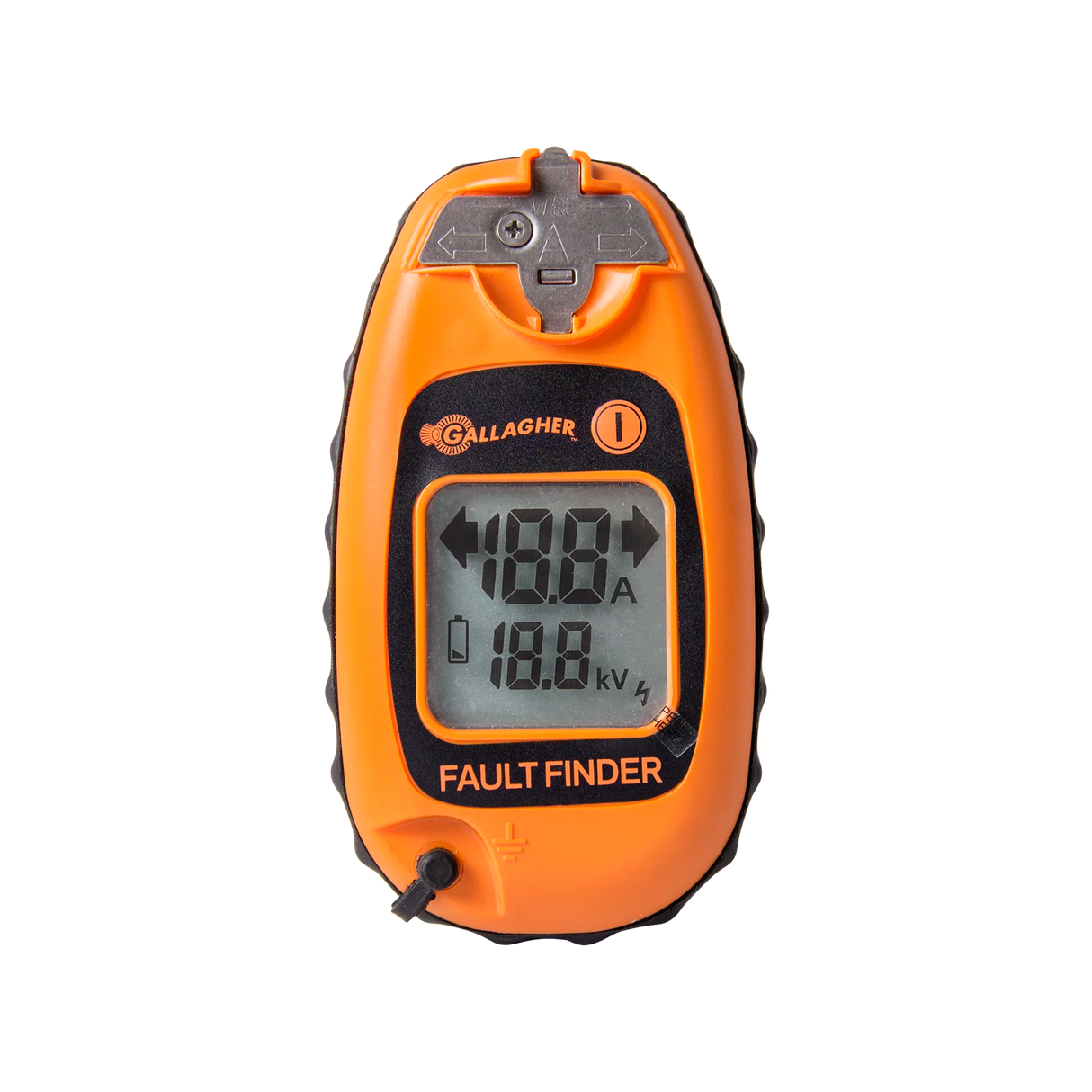 An orange Gallagher Electric Fence Fault Finder device with a digital screen displaying current and voltage readings.