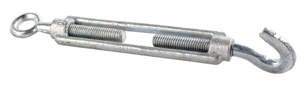 A metal turn buckle with a hook to eye design, BZP finish, typically used in netting or poultry equipment.