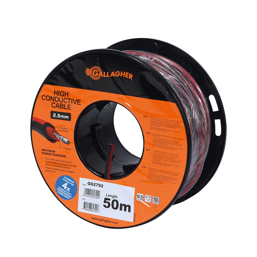 A spool of Gallagher high conductive red cable, 50 meters in length, packaging displays product information.