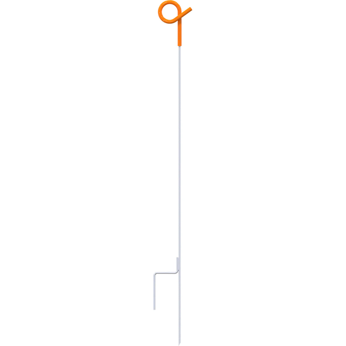 A white colored electric fence post with a pointed end and an orange pigtail insulator on top.