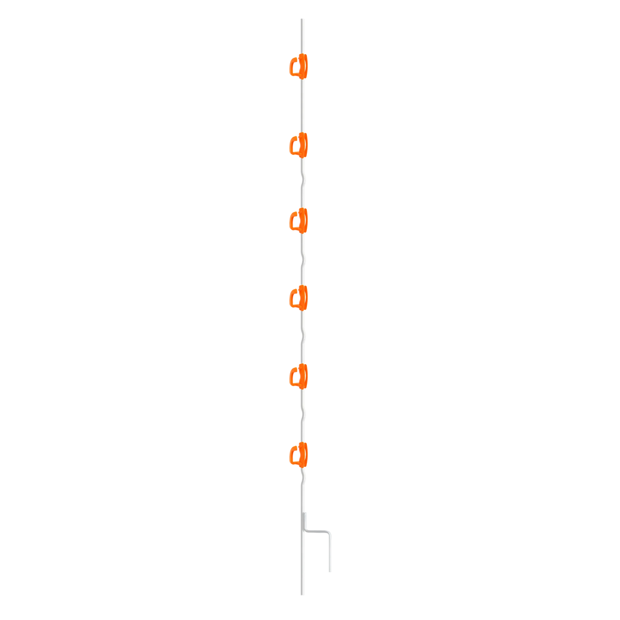 A white multi wire post used for electric fencing, 1.50 meters in height with visible orange twist locks and a double tip base.