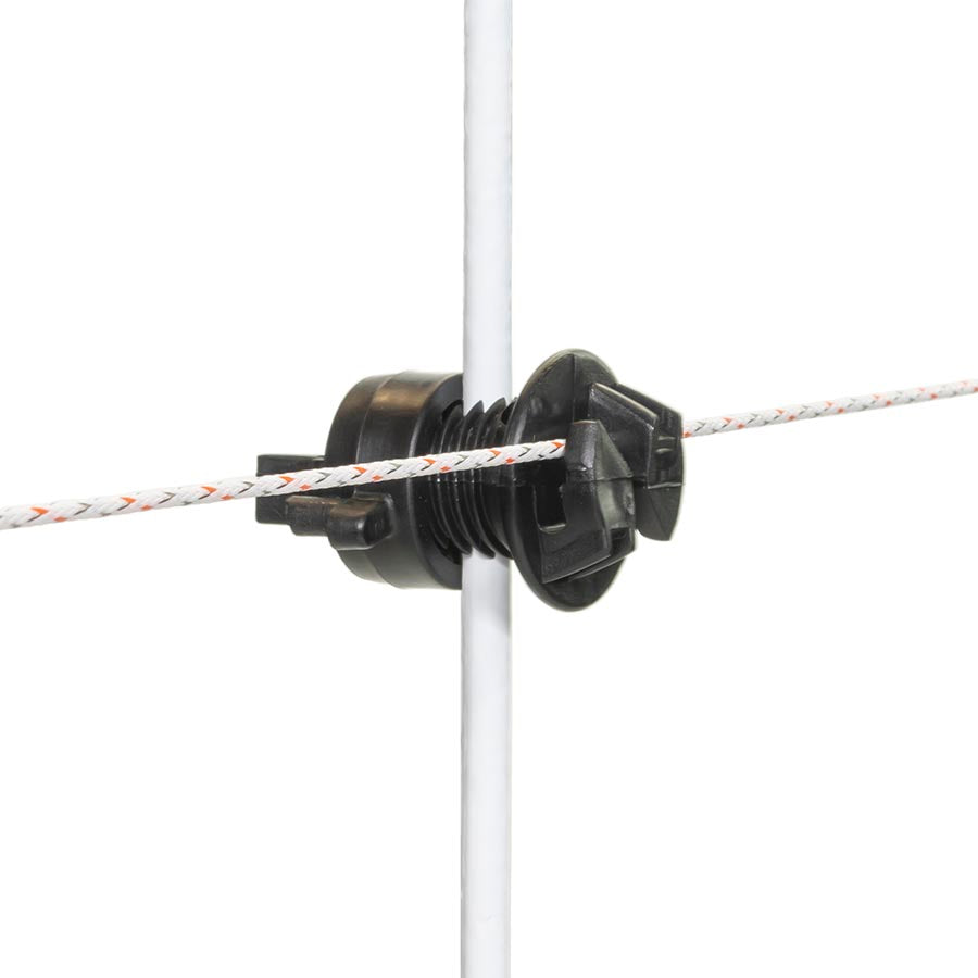 A black Gallagher screw-on rod insulator mounted on a white fence post, designed to add extra wire to the post.