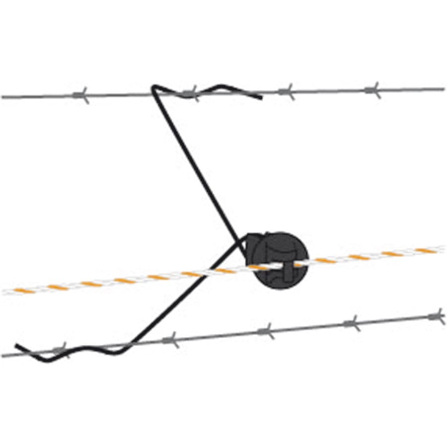 Black Gallagher Offset Pinlock Insulator mounted on a fence with electric charged lines.
