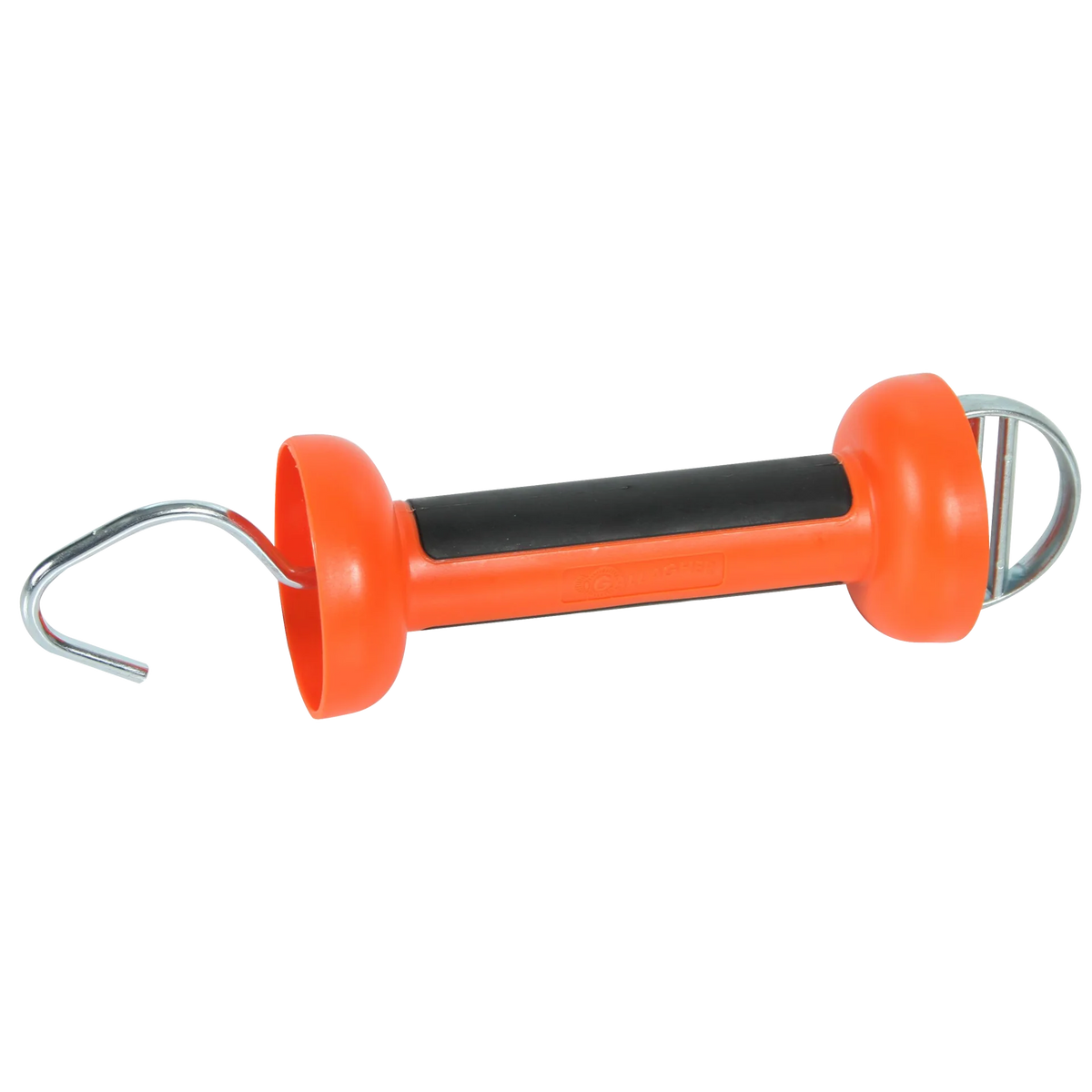 Orange and black soft touch electric fence gate handle with a rubber frame and metal hooks on the ends.