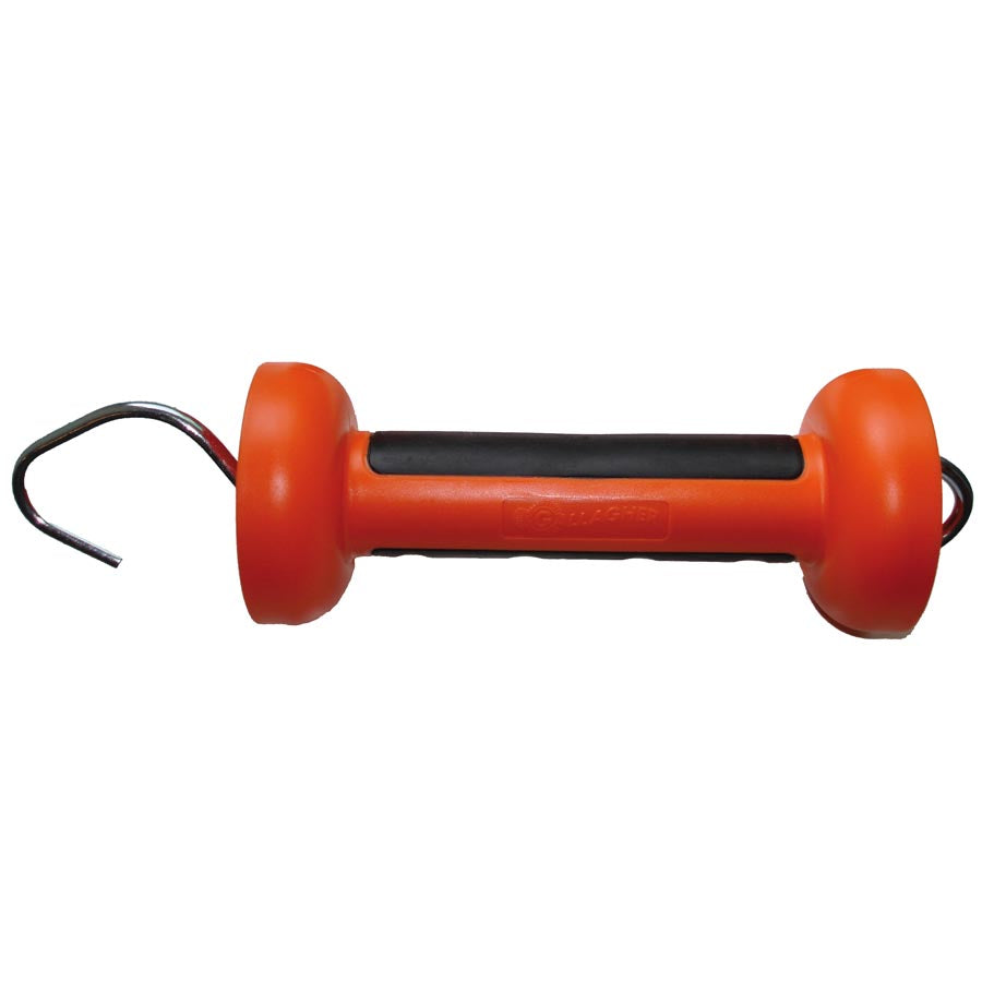 Orange gate handle with black rubber accents designed for use with cord or wire for electric fencing.
